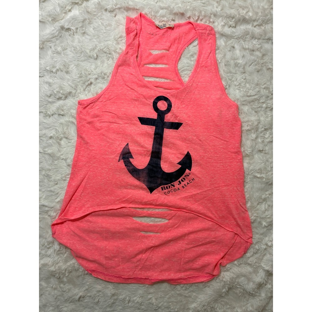 Ron Jon Surf Shop Cocoa Beach Neon Pink Anchor Shredded Back Tank Top Medium